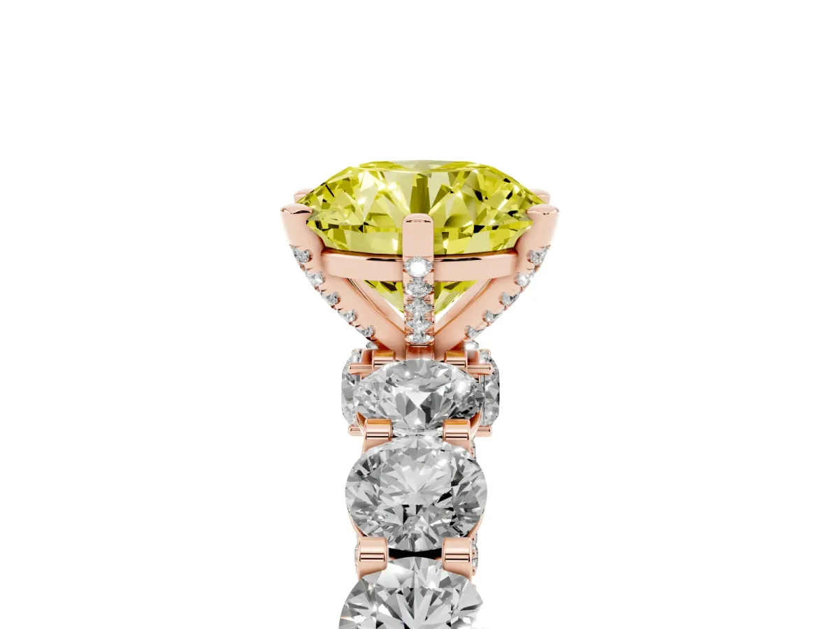 Fancy Yellow Round Cut Diamond Side Stone Engagement Ring with Four-Prong Setting Rose gold