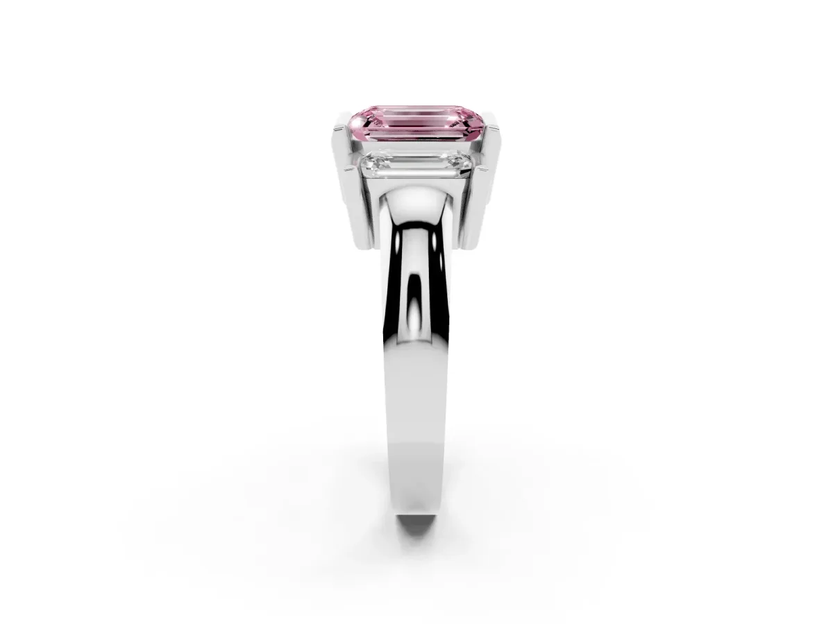 Fancy Pink Three Stone Emerald Cut Cut Channel Set Diamond Ring Platinum