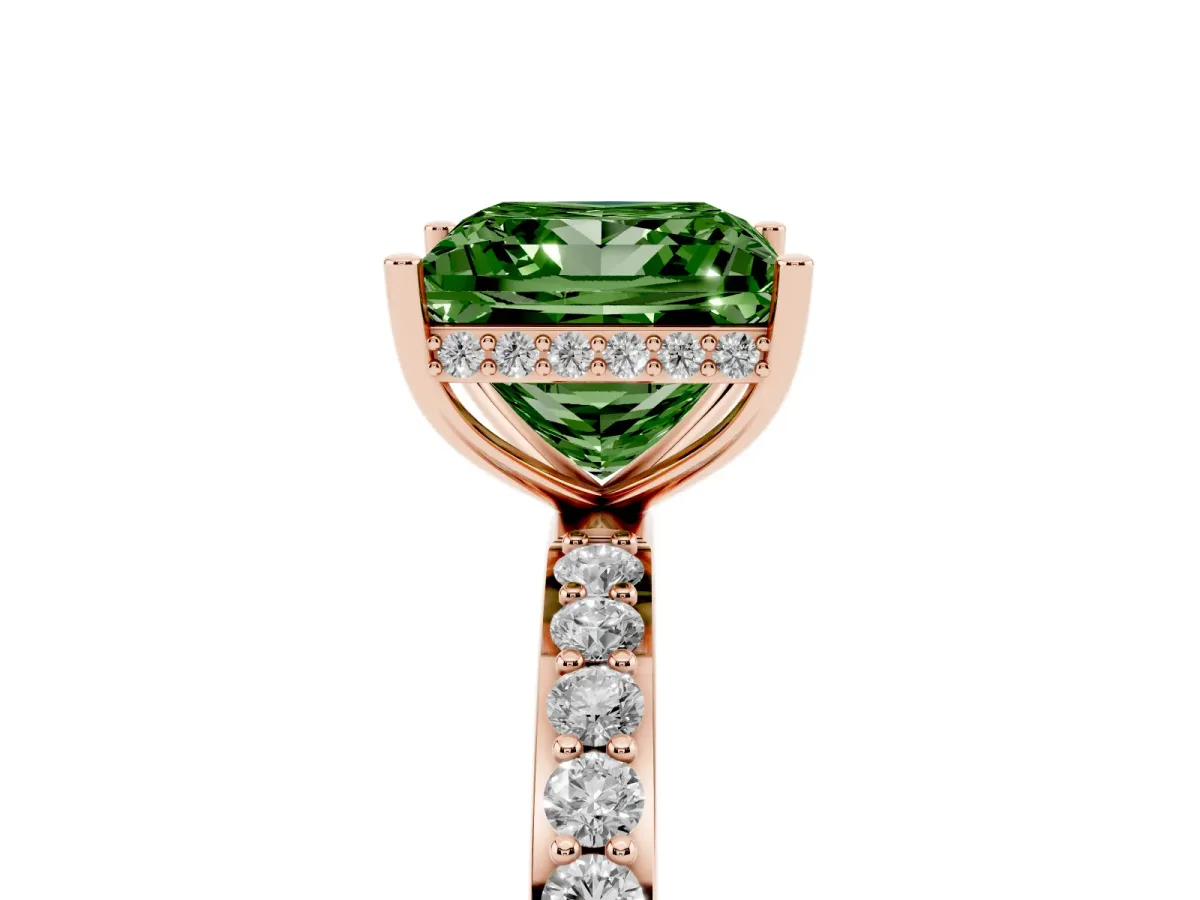 Fancy Green Princess Cut Diamond Solitaire Ring with Pavé Band and Hidden Halo Rose gold