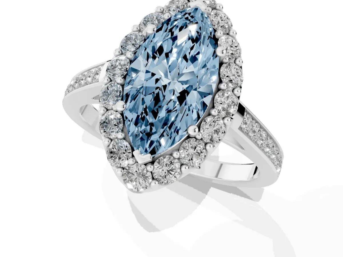 Fancy Blue Marquise Cut Diamond Floral Halo Ring with Pavé Band and Prong Setting White gold