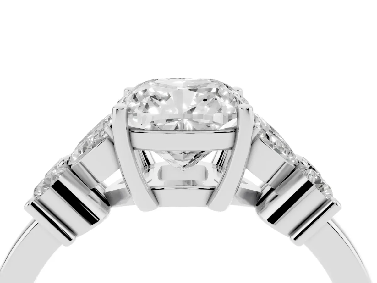 Cushion Cut Diamond Floral Cluster Ring with Solitaire Band and Prong Setting Silver