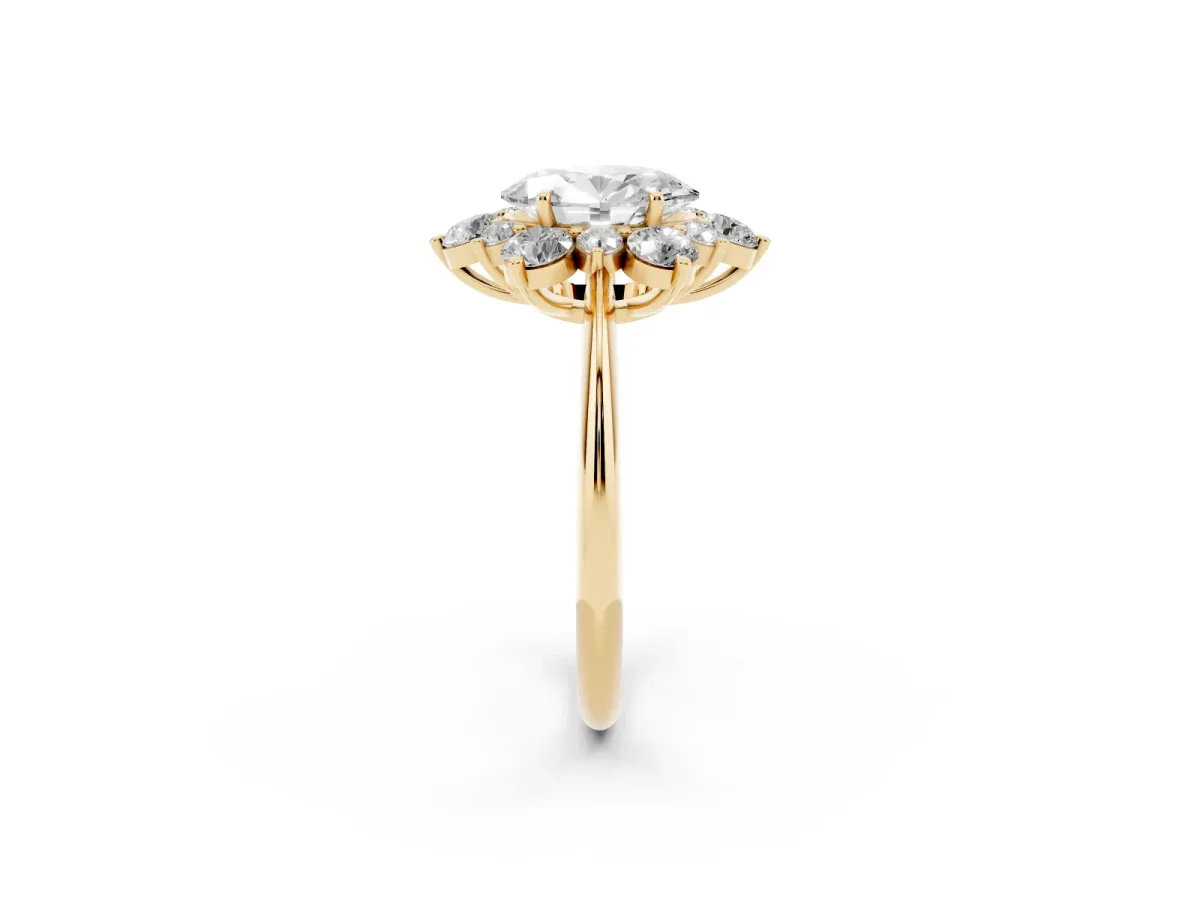 Oval Cut Diamond Cluster Halo Ring with Solitaire Band and Four-Prong Setting Yellow gold