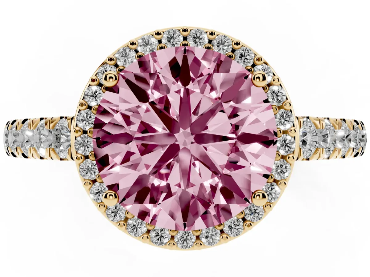 Fancy Pink Round Cut Cut Halo Diamond Engagement Ring with Pave Band and Four-Prong Setting Yellow gold