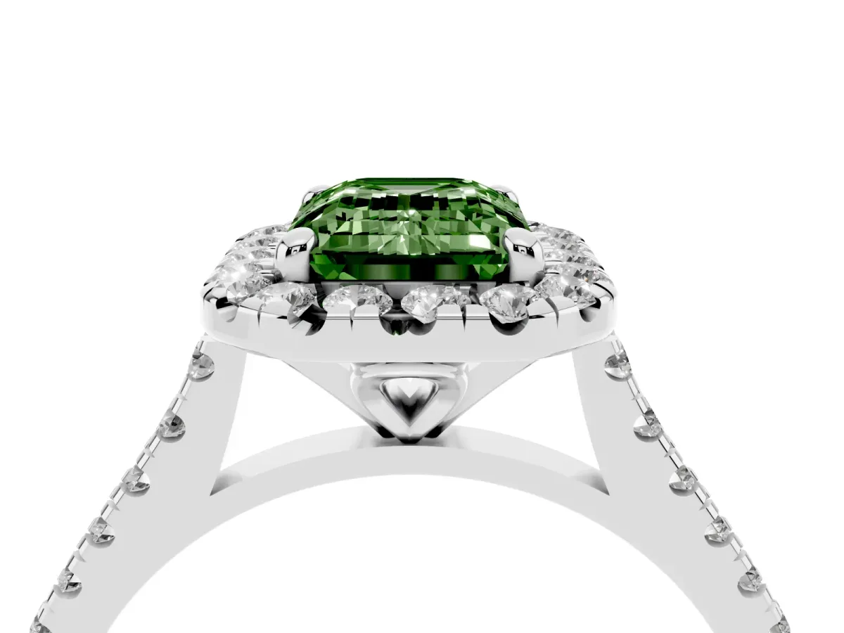 Fancy Green Emerald Cut Diamond Cushion Halo Ring with Pavé Band Silver