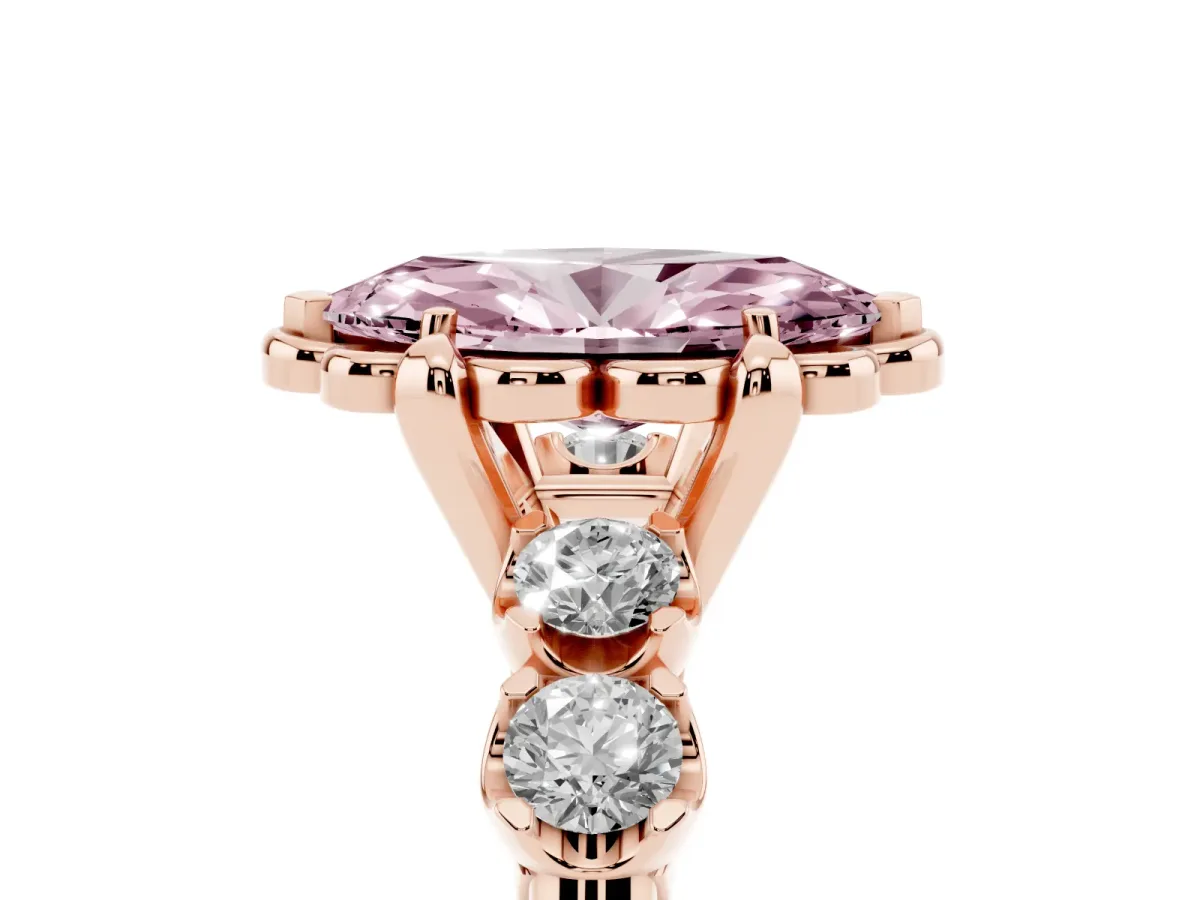Fancy Pink Marquise Cut Cut Diamond Floral Halo Engagement Ring with Shared Prong Setting Rose gold