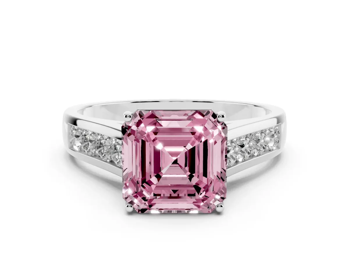 Fancy Pink Asscher Cut Solitaire Channel-Set Diamond Engagement Ring with Four-Prong Setting Silver