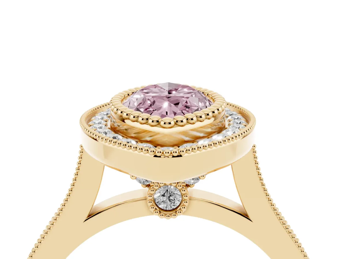 Fancy Pink Marquise Cut Diamond Halo Ring with Milgrain Frame and Pavé Band Yellow gold