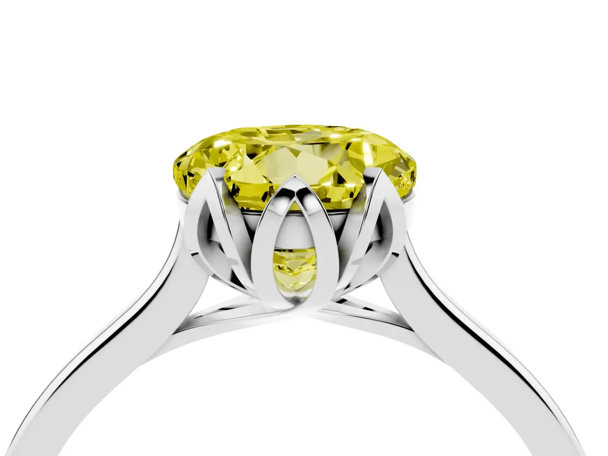 Fancy Yellow Round Cut Diamond Solitaire Ring with Flower Prong Setting and Classic Band Silver