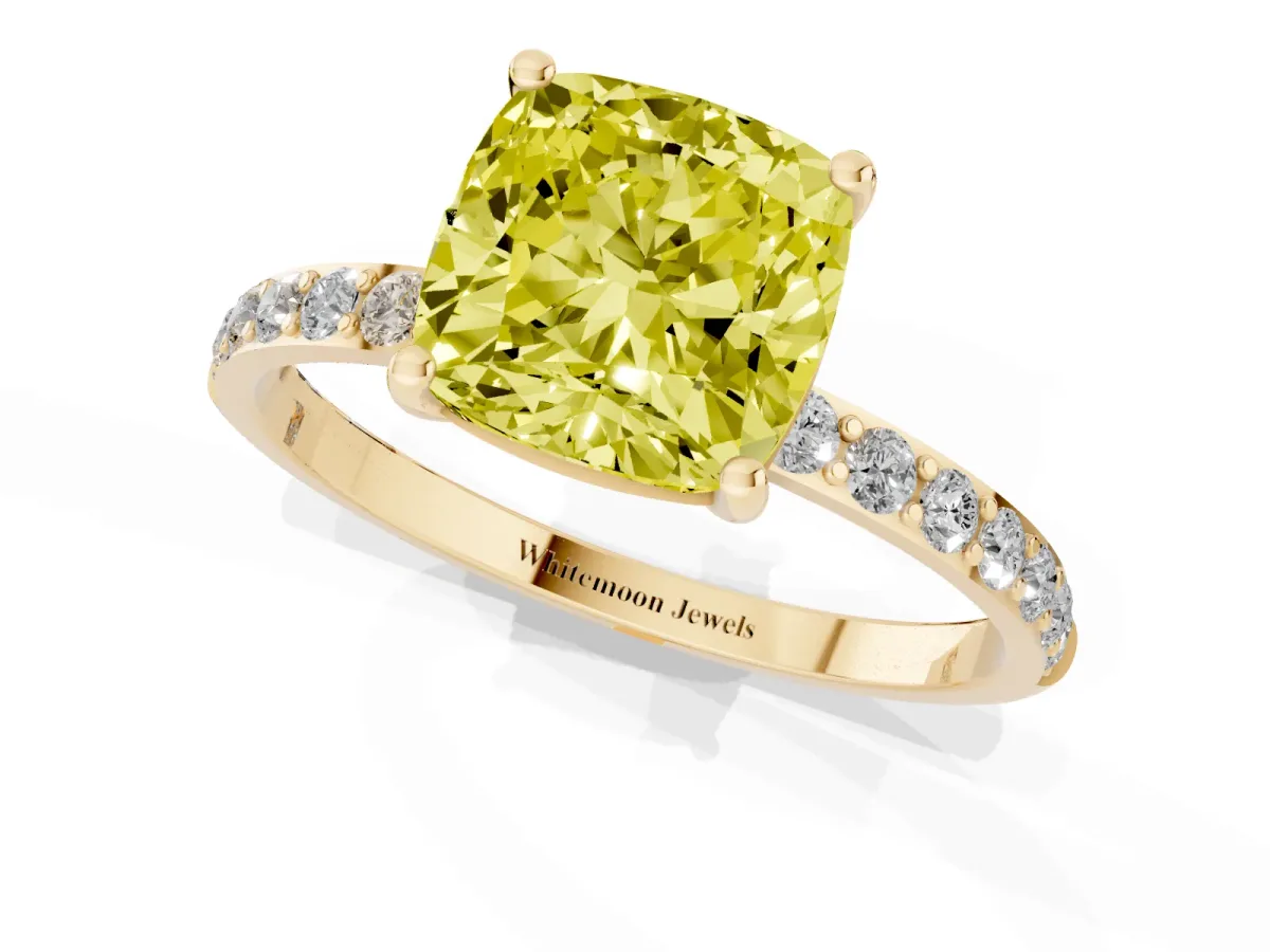 Fancy Yellow Cushion Cut Diamond Solitaire Ring with Round Pavé Shoulders and Prong Setting Yellow gold