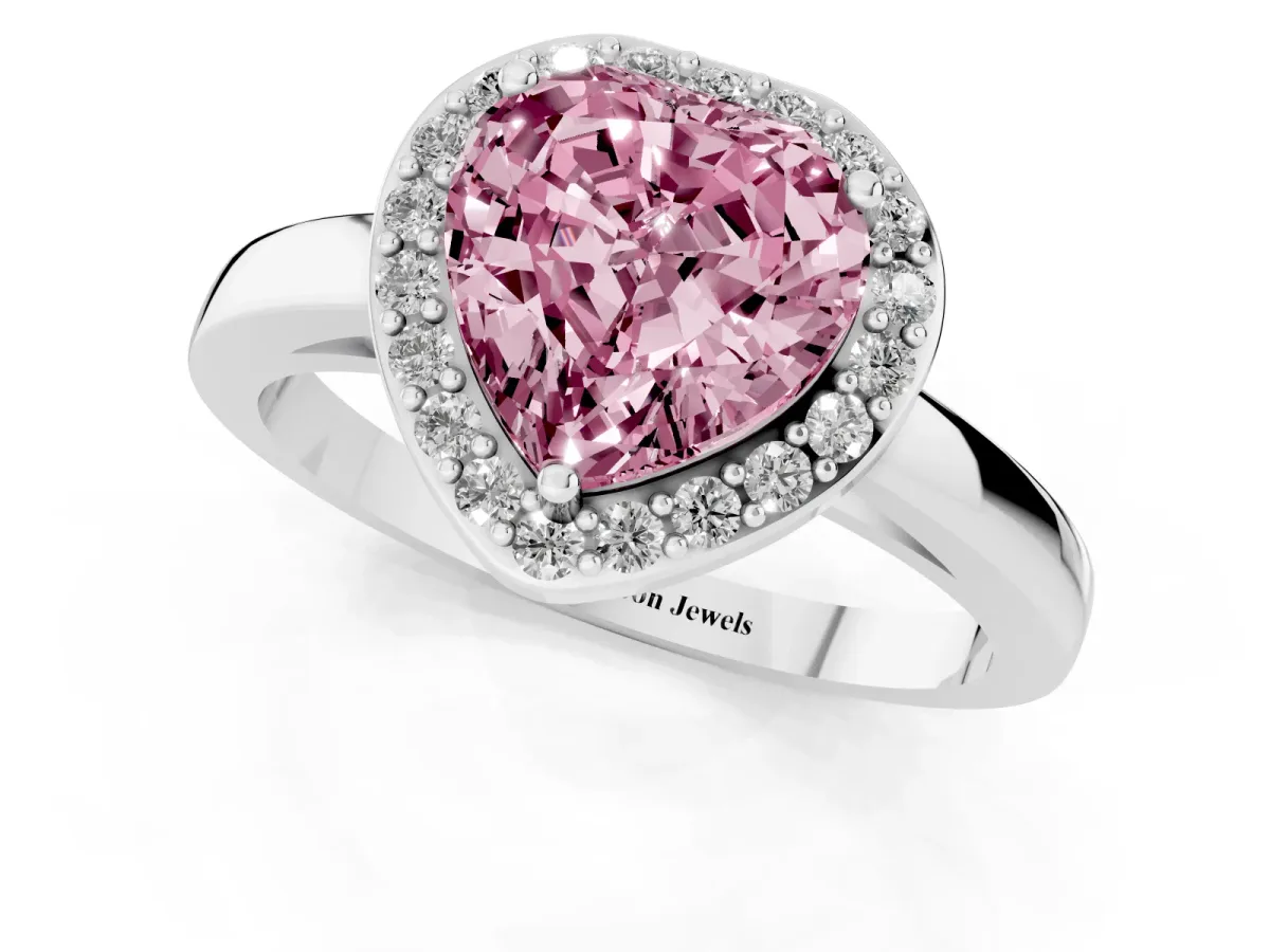 Fancy Pink Heart Cut Halo Diamond Ring with Solitaire Band and Prong Setting Silver