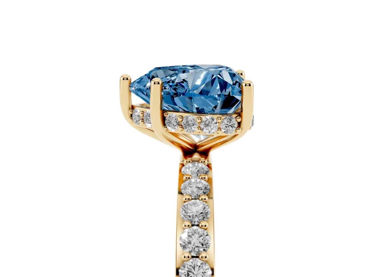 Fancy Blue Heart Cut Diamond Solitaire Ring with Pavé Band and Hidden Halo Yellow gold