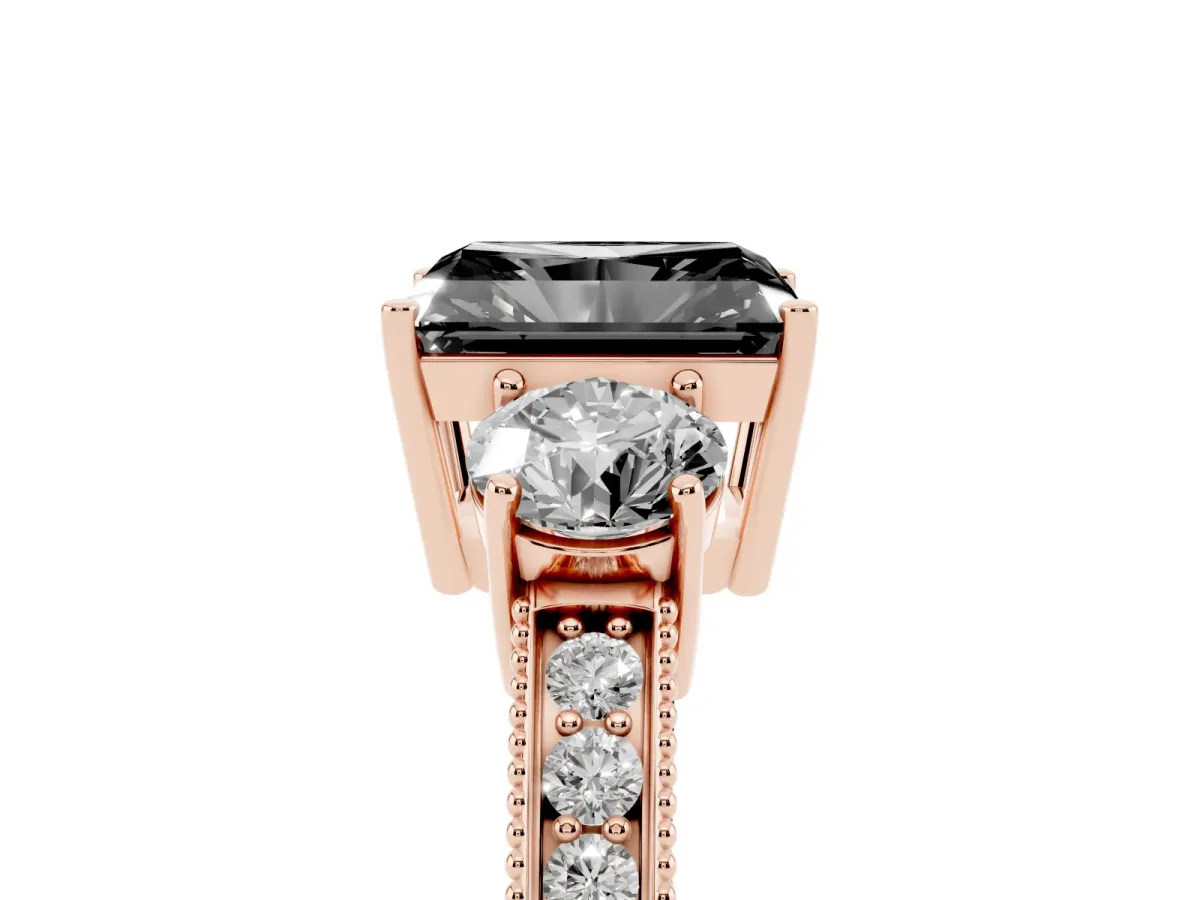 Fancy Black Radiant Cut Three-Stone Diamond Ring with Pavé Band and Four-Prong Setting Rose gold