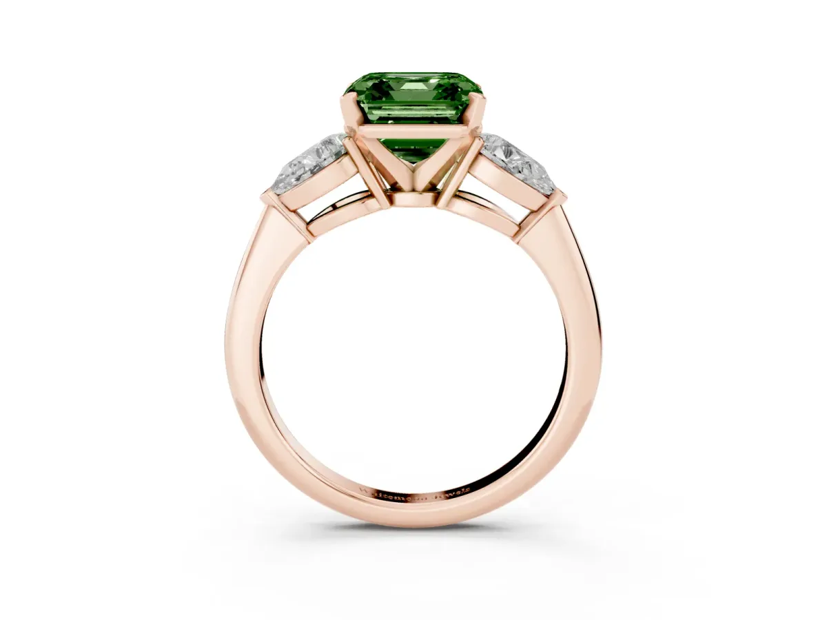 Fancy Green Three-Stone Asscher Cut Diamond Ring with Pear Side Stones and Four-Prong Setting Rose gold