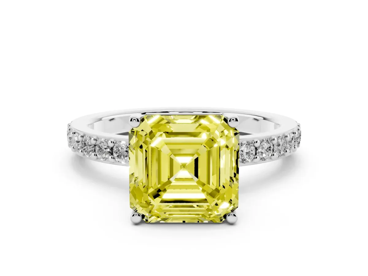 Fancy Yellow Asscher Cut Cut Diamond Solitaire with Pave Band and Four-Prong Setting Silver