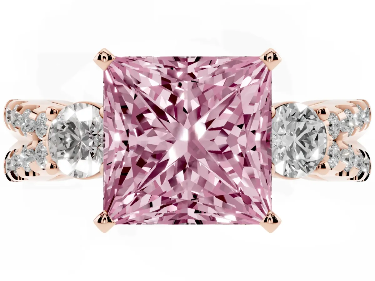 Fancy Pink Princess Cut Diamond Three-Stone Ring with Pavé Split Shank and Four-Prong Setting Rose gold