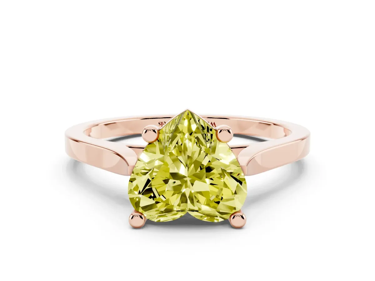 Fancy Yellow Heart Cut Solitaire Diamond Ring with Four-Prong Setting and Tapered Band Rose gold