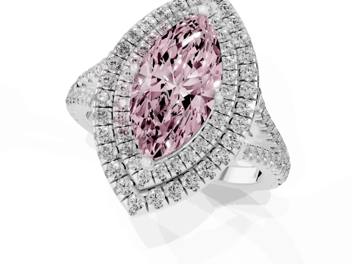 Fancy Pink Marquise Cut Diamond Double Halo Ring with Pavé Band and Prong Setting Silver