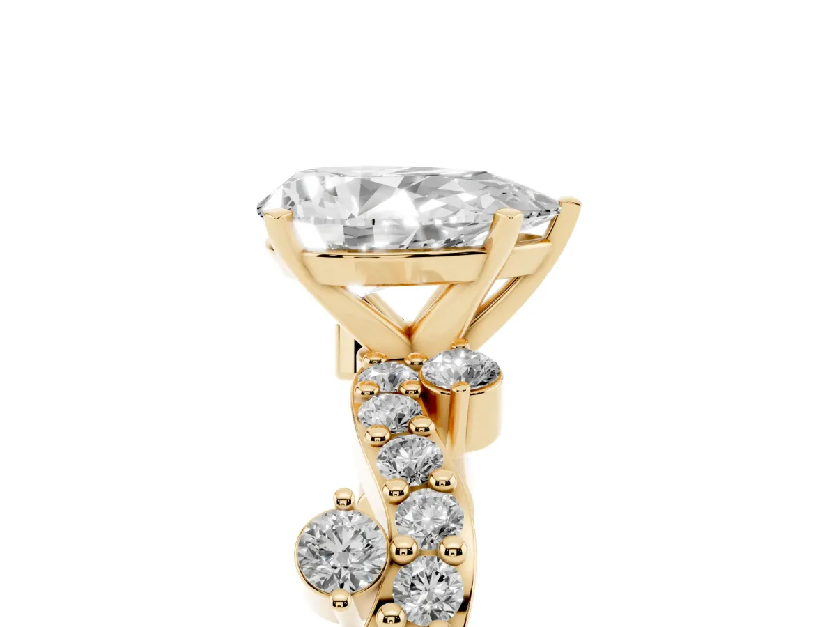 Pear Cut Cut Solitaire Diamond Twisted Band with Pave Setting Yellow gold