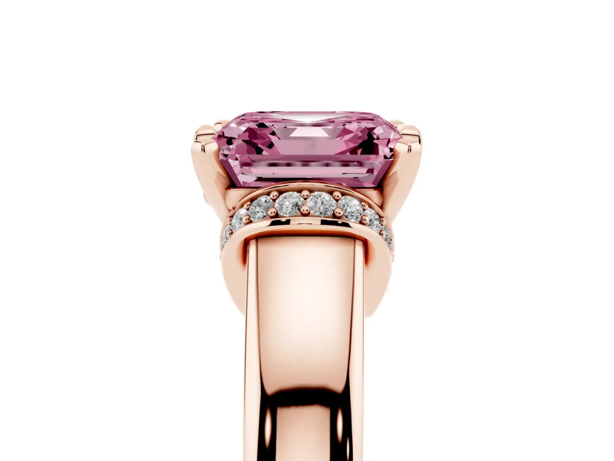 Fancy Pink Asscher Cut Solitaire Diamond Ring with Pave Band and Six-Prong Setting Rose gold