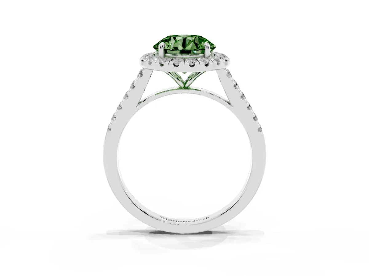 Fancy Green Round Cut Halo Pave Diamond Engagement Ring with Four-Prong Setting White gold