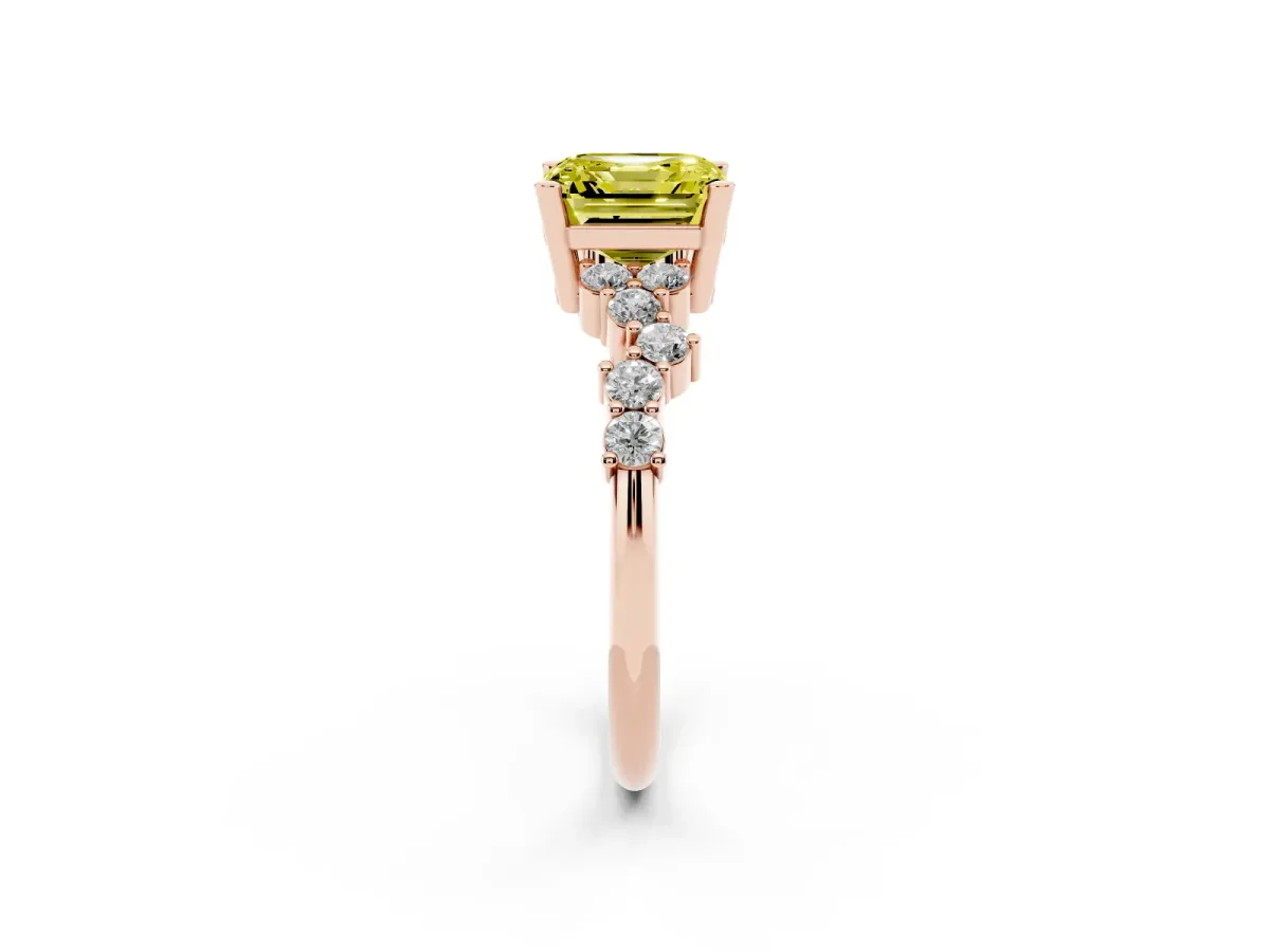 Fancy Yellow Asscher Cut Diamond Scattered Round Accent Ring with Prong Setting Rose gold