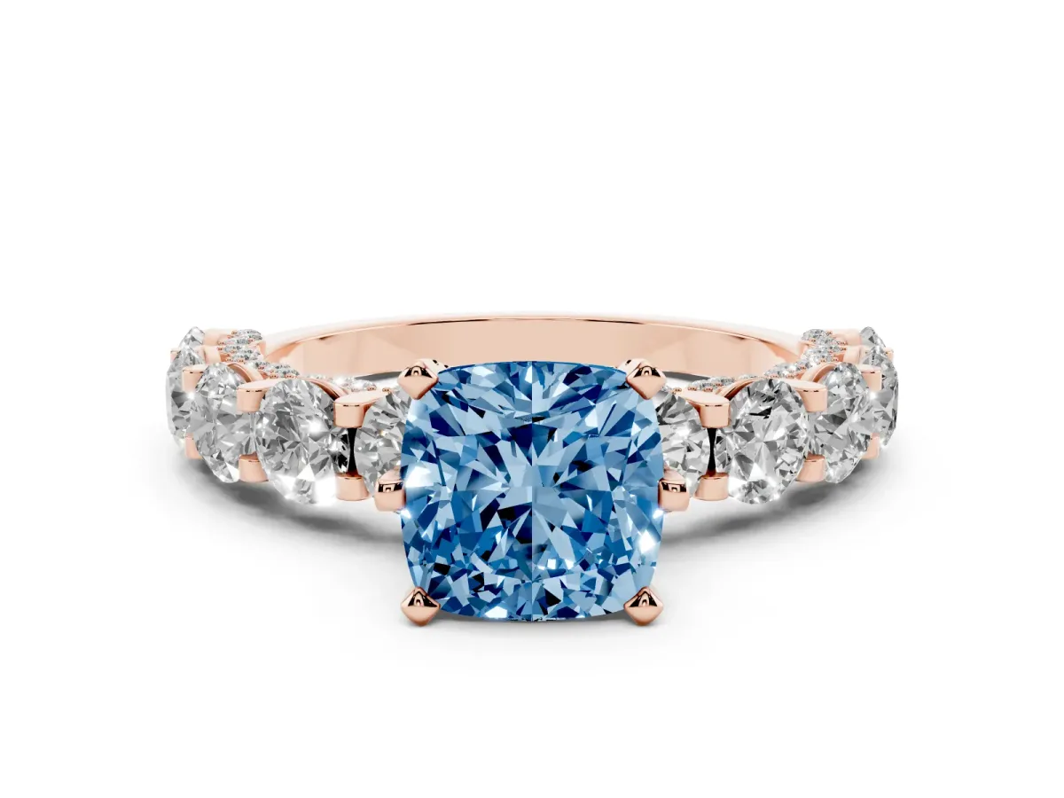 Fancy Blue Cushion Cut Diamond Side Stone Engagement Ring with Four-Prong Setting Rose gold