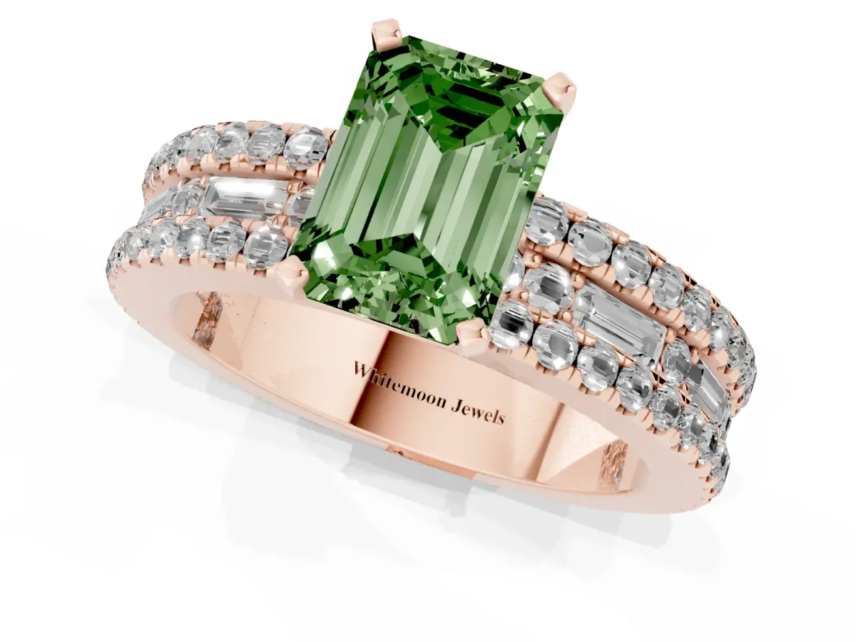 Fancy Green Emerald Cut Diamond Solitaire Ring with Pavé and Channel Set Band Rose gold