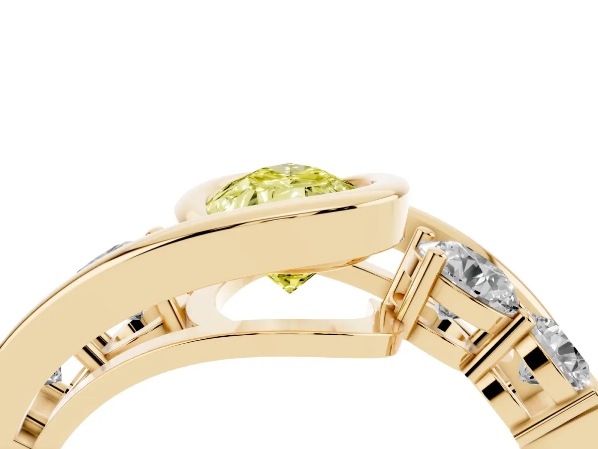 Fancy Yellow Bezel Set Pear Cut Diamond Bypass Ring with Round Accents Yellow gold