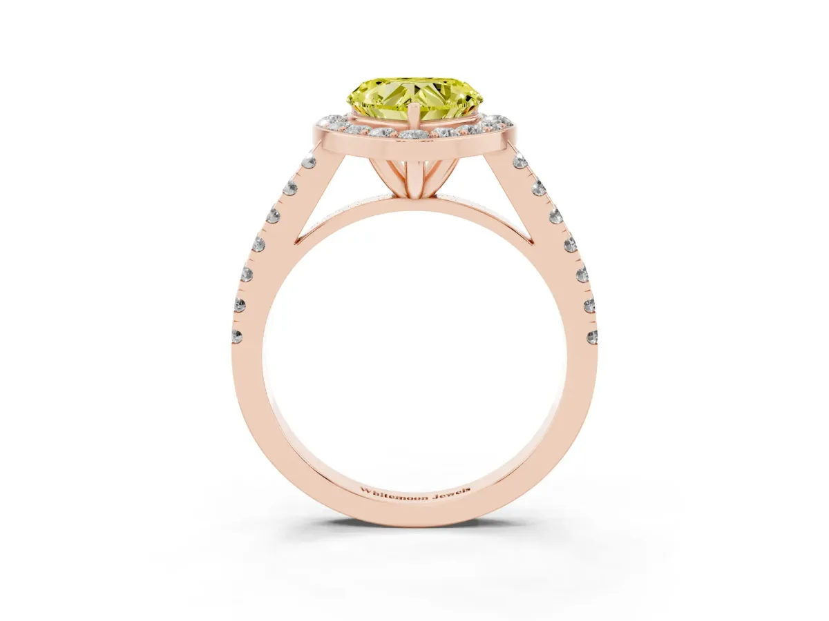 Fancy Yellow Heart Cut Diamond Halo Ring with Round Pavé Split Shank and Prong Setting Rose gold