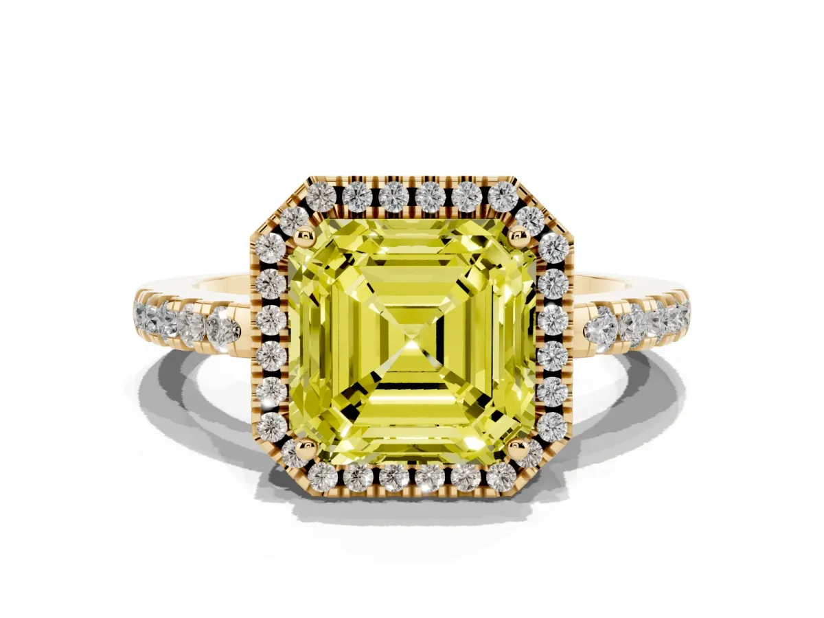 Fancy Yellow Asscher Cut Halo Diamond Engagement Ring with Pavé Band and Four-Prong Setting Yellow gold