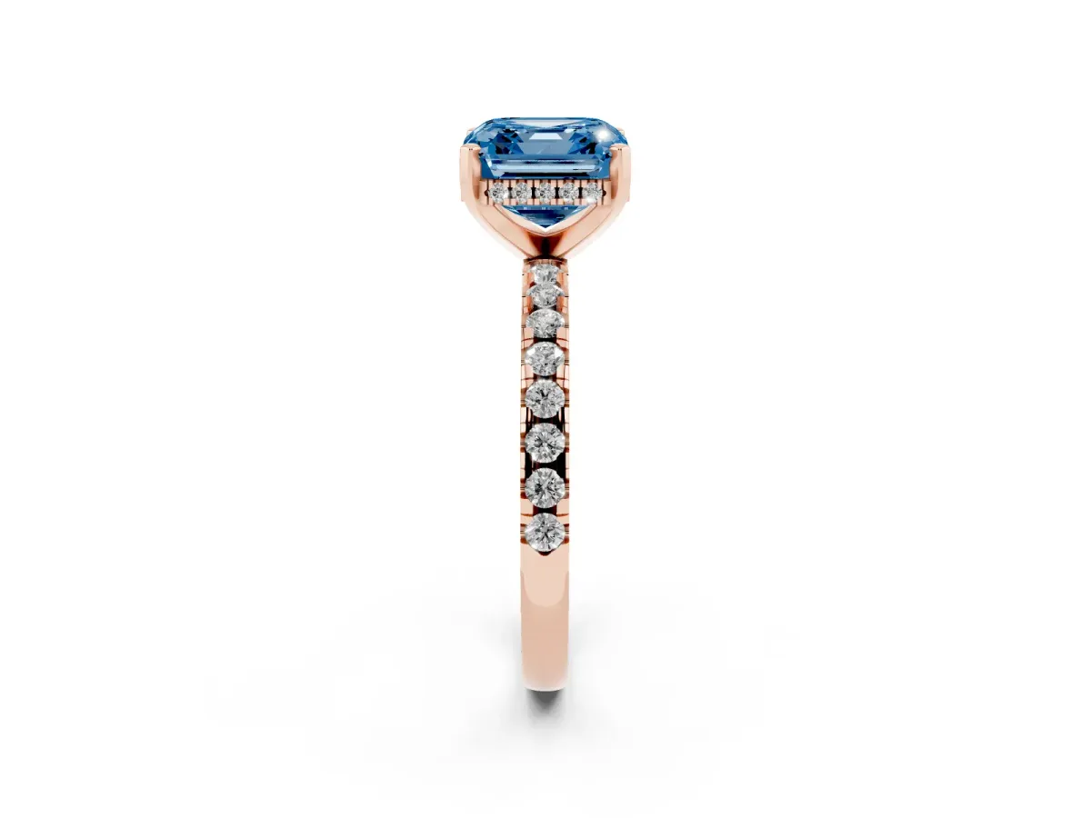 Fancy Blue Asscher Cut Diamond Solitaire Ring with Round Pavé Band and Four-Prong Setting Rose gold
