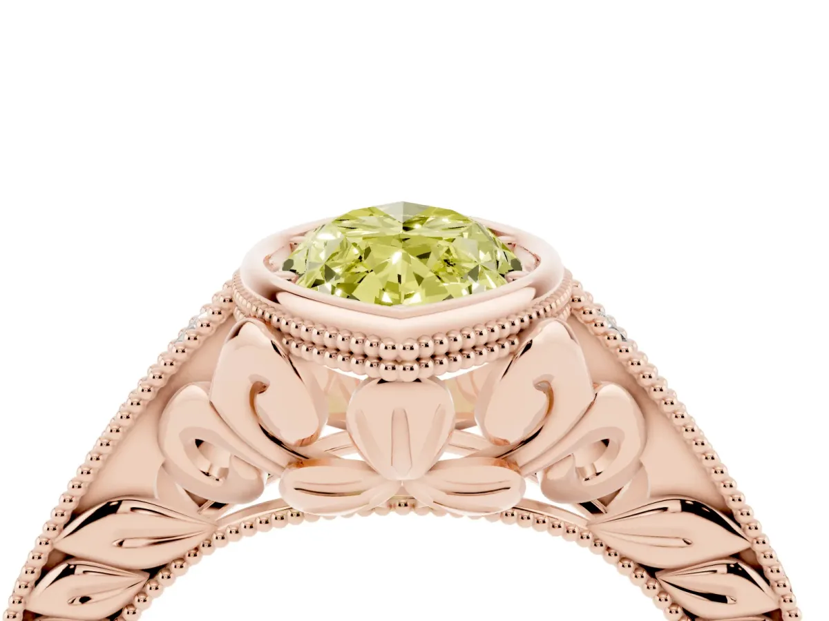Fancy Yellow Bezel Set Marquise Cut Diamond Milgrain Pave Engagement Ring Rose gold