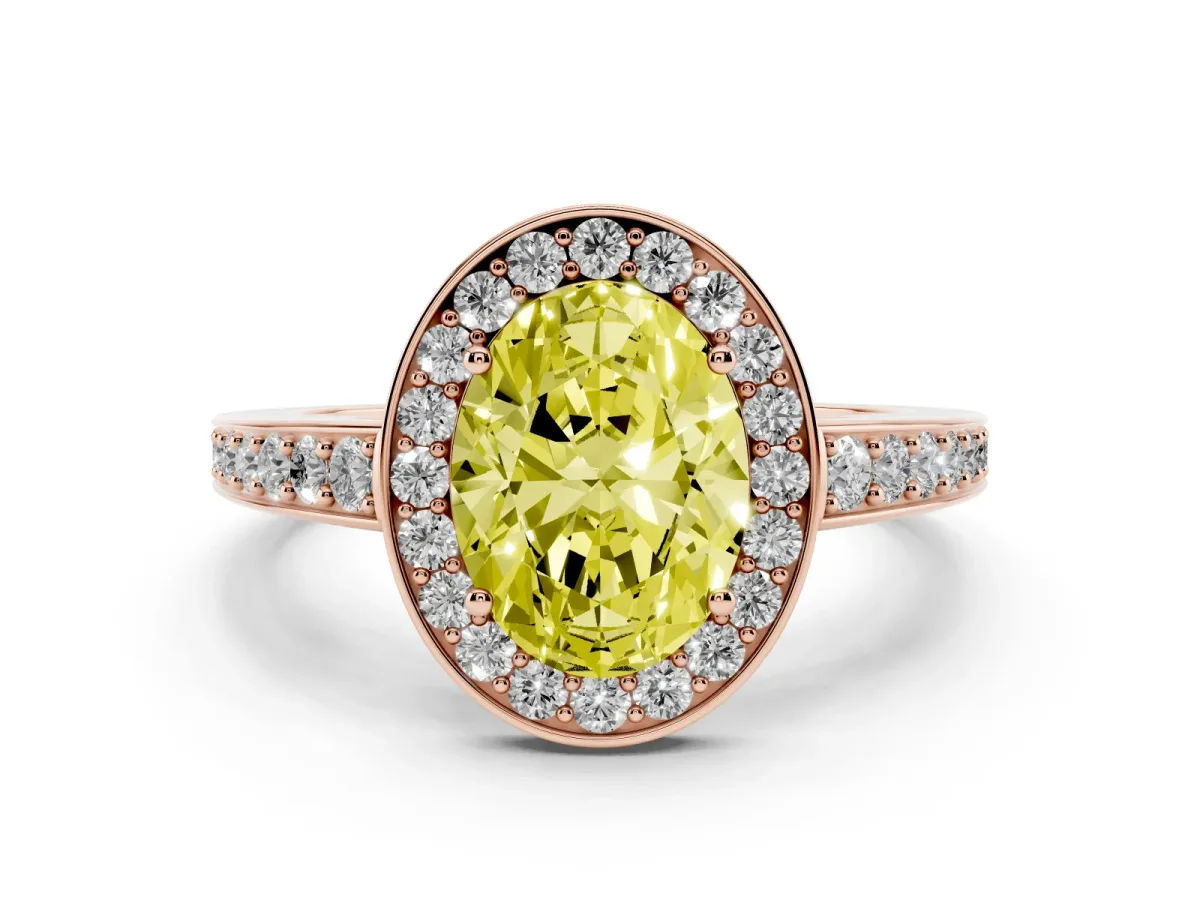 Fancy Yellow Oval Cut Halo Pavé Diamond Engagement Ring with Bezel Setting Rose gold