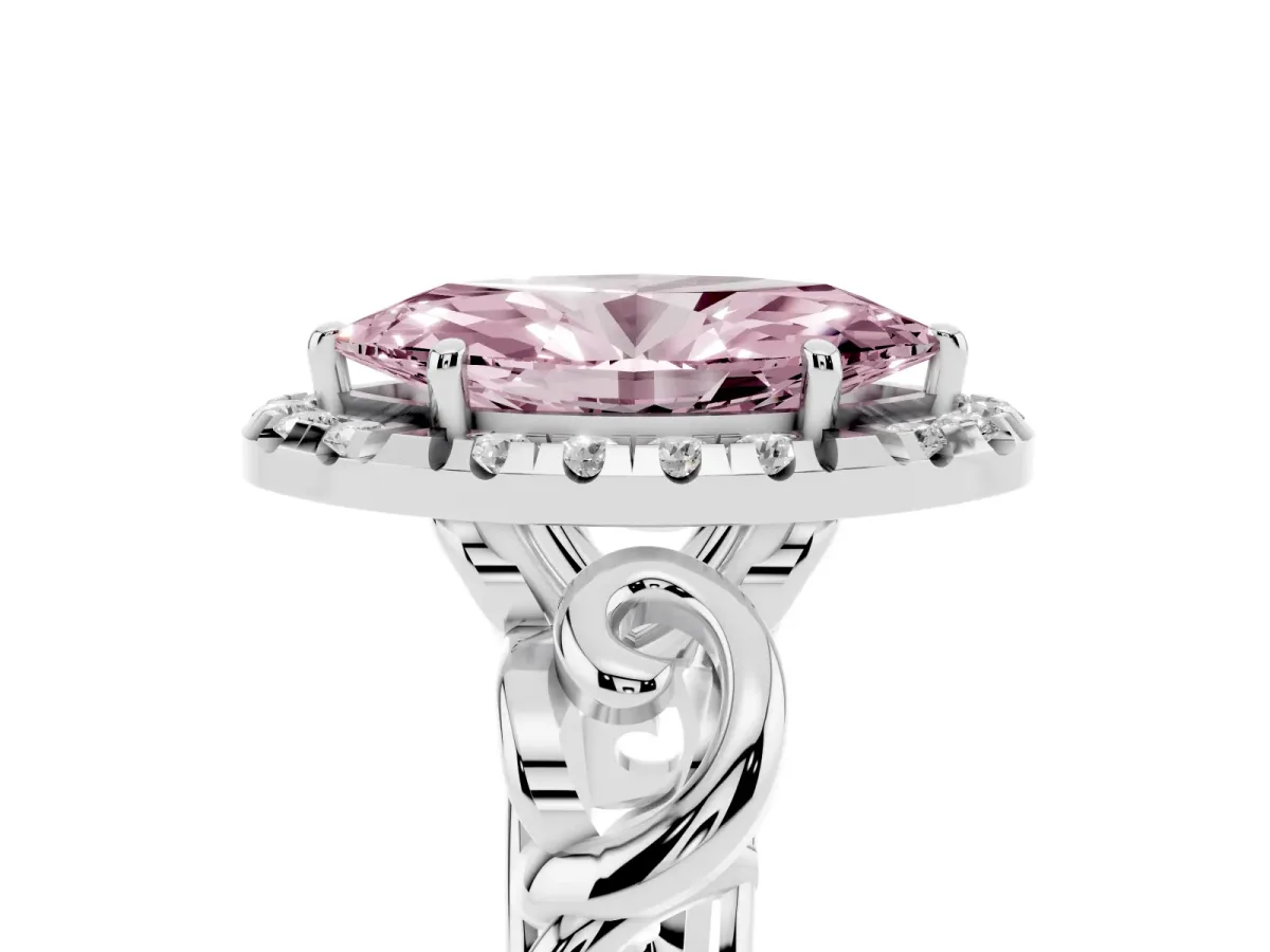 Fancy Pink Marquise Cut Cut Halo Diamond Ring with Scrollwork Band and Four-Prong Setting Silver