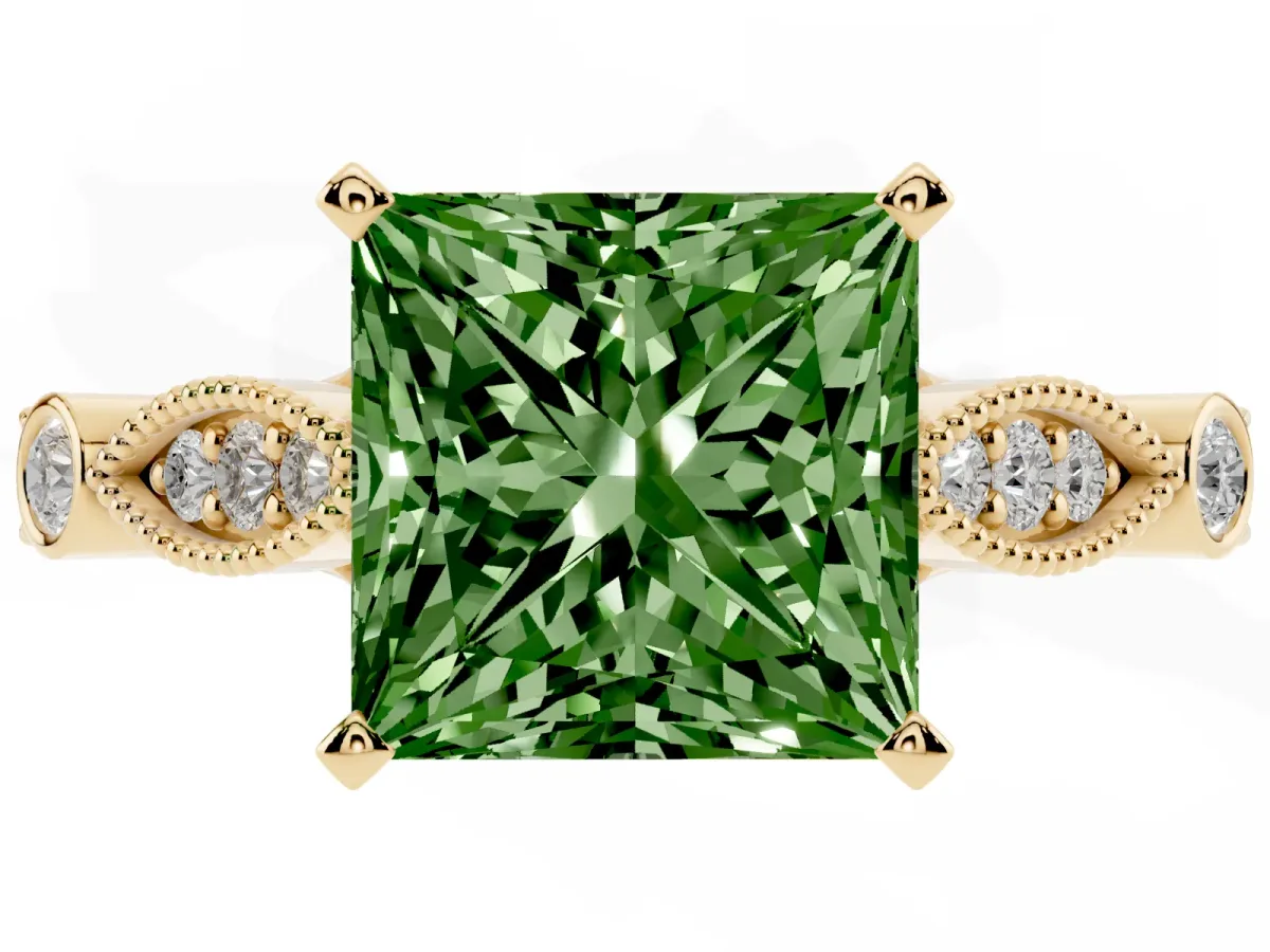 Fancy Green Princess Cut Cut Diamond with Milgrain Marquise and Bezel Accents on a Solitaire Band with Prong Setting Yellow gold