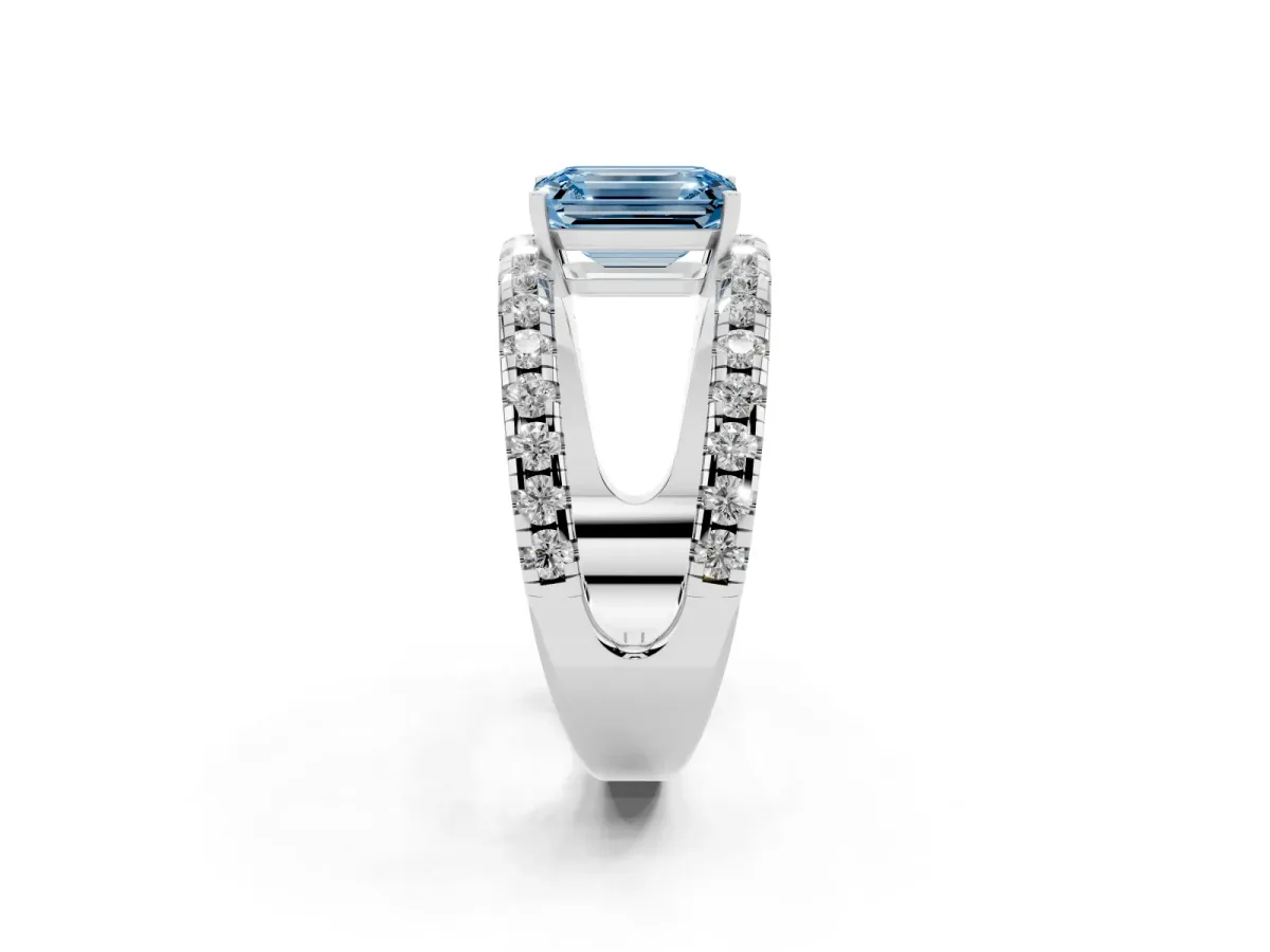 Fancy Blue Emerald Cut Solitaire Split Shank Pave Diamond Ring Silver
