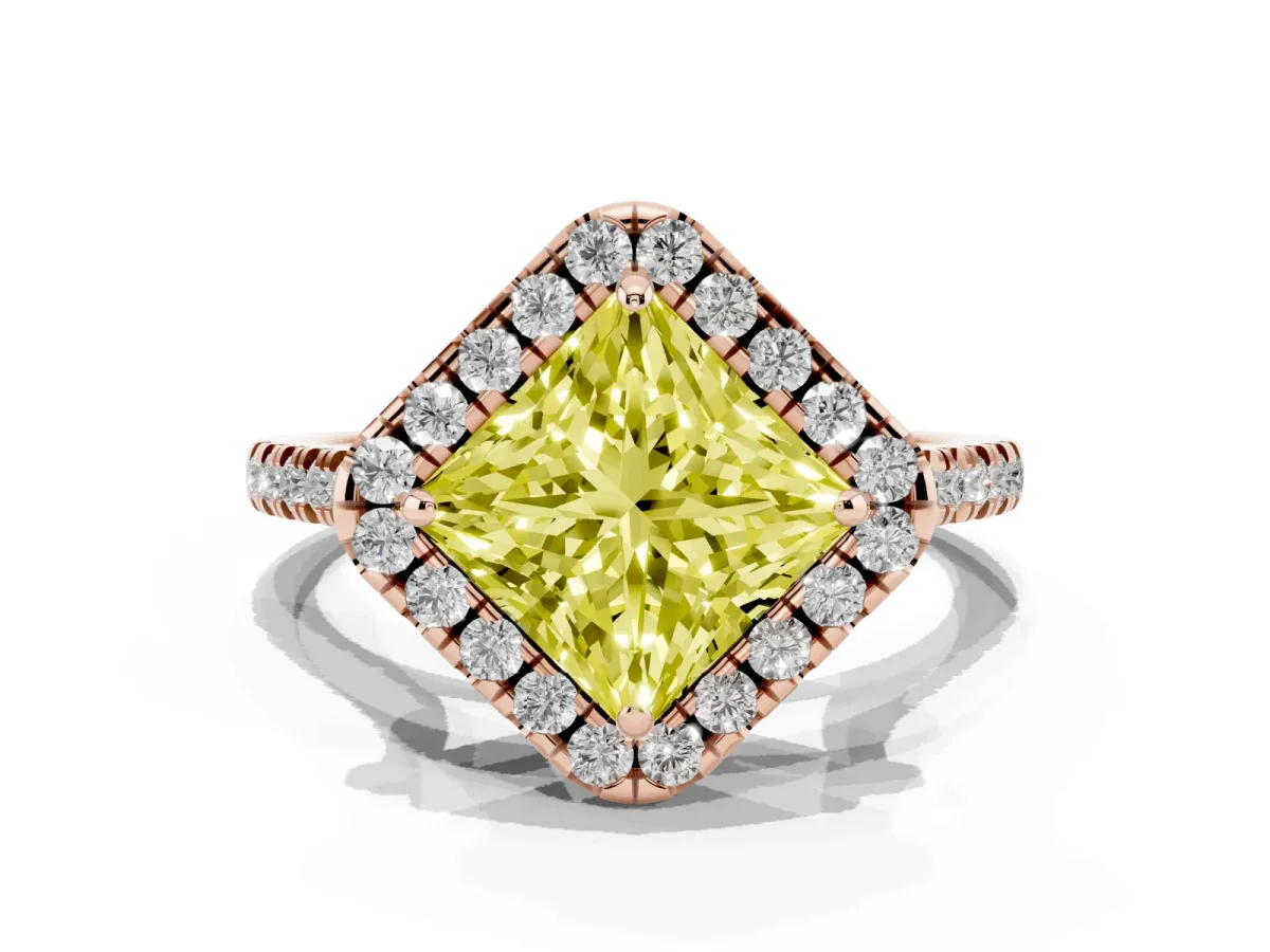 Fancy Yellow Princess Cut Diamond Cushion Halo Ring with Pavé Band Rose gold