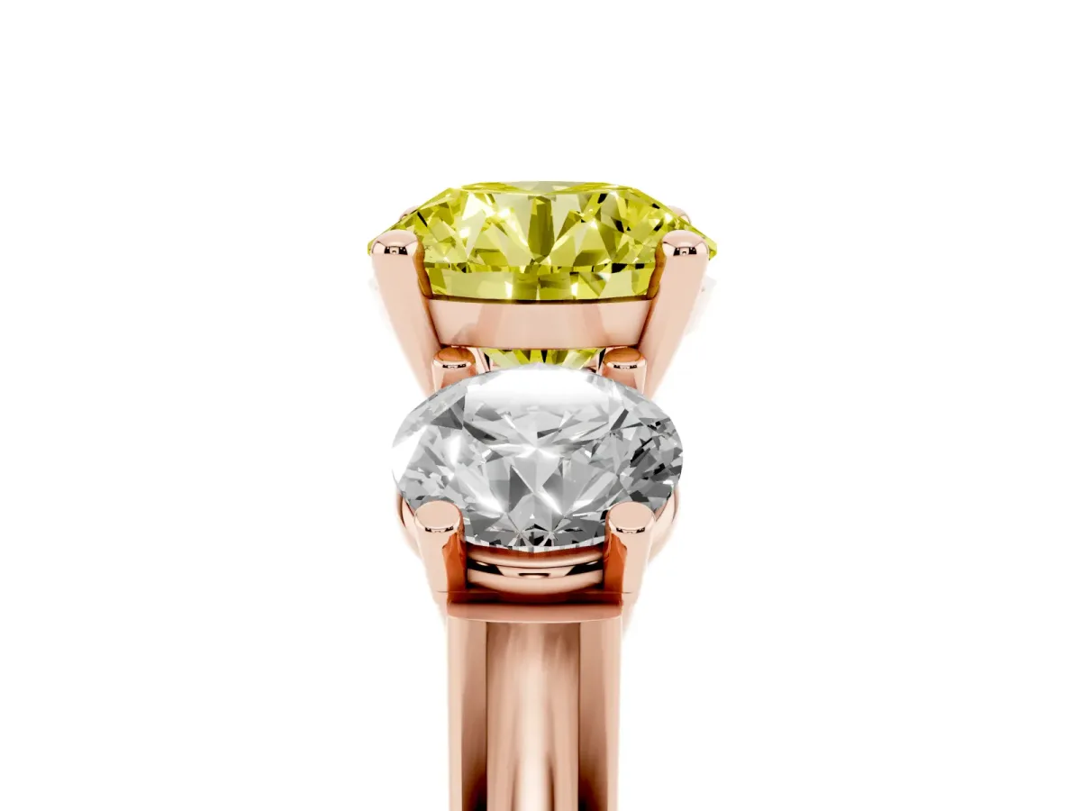 Fancy Yellow Three-Stone Round Cut Brilliant Diamond Trellis Ring with Comfort Fit Band Rose gold