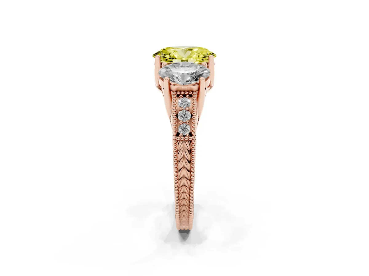 Fancy Yellow Three-Stone Oval Cut Cut Milgrain Pavé Engagement Ring Rose gold