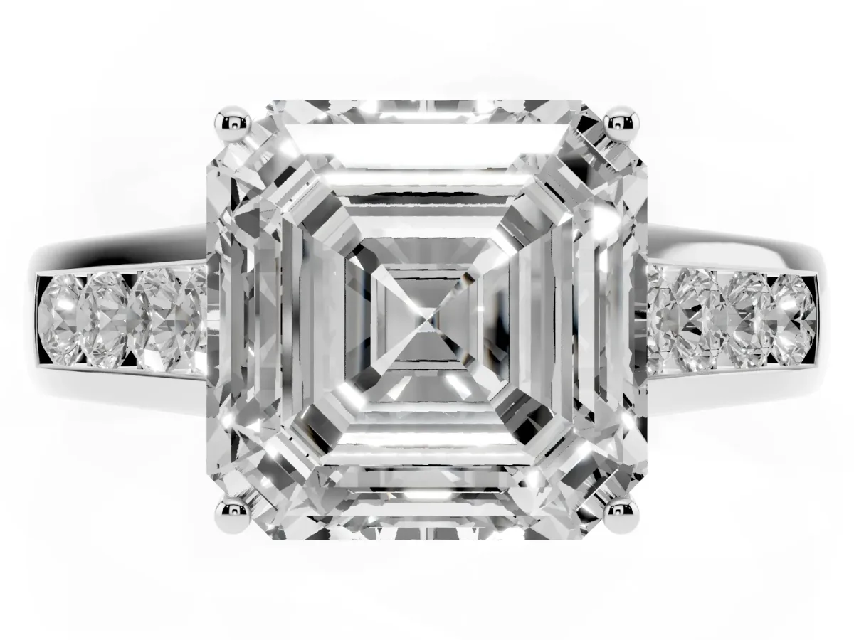 Asscher Cut Solitaire Channel-Set Diamond Engagement Ring with Four-Prong Setting Silver