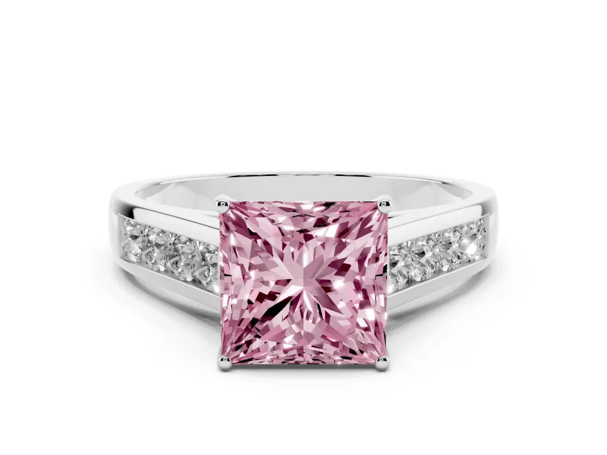 Fancy Pink Princess Cut Solitaire Channel-Set Diamond Engagement Ring with Four-Prong Setting Silver