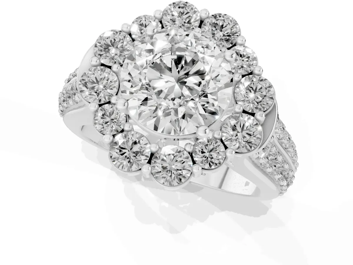 Round Cut Halo Diamond Engagement Ring with Split Shank and Prong Setting Silver