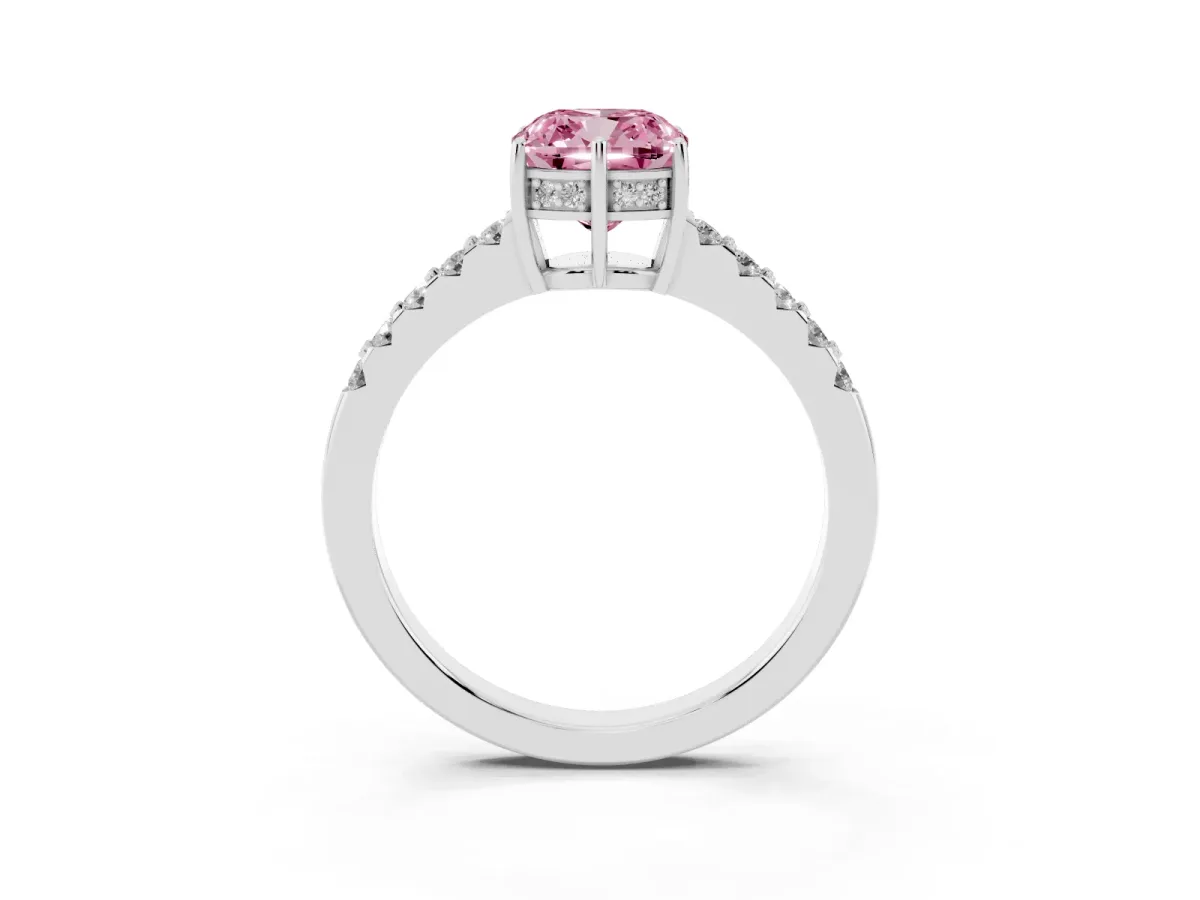 Fancy Pink Cushion Cut Solitaire Diamond Engagement Ring with Pavé Band and Six-Prong Setting White gold