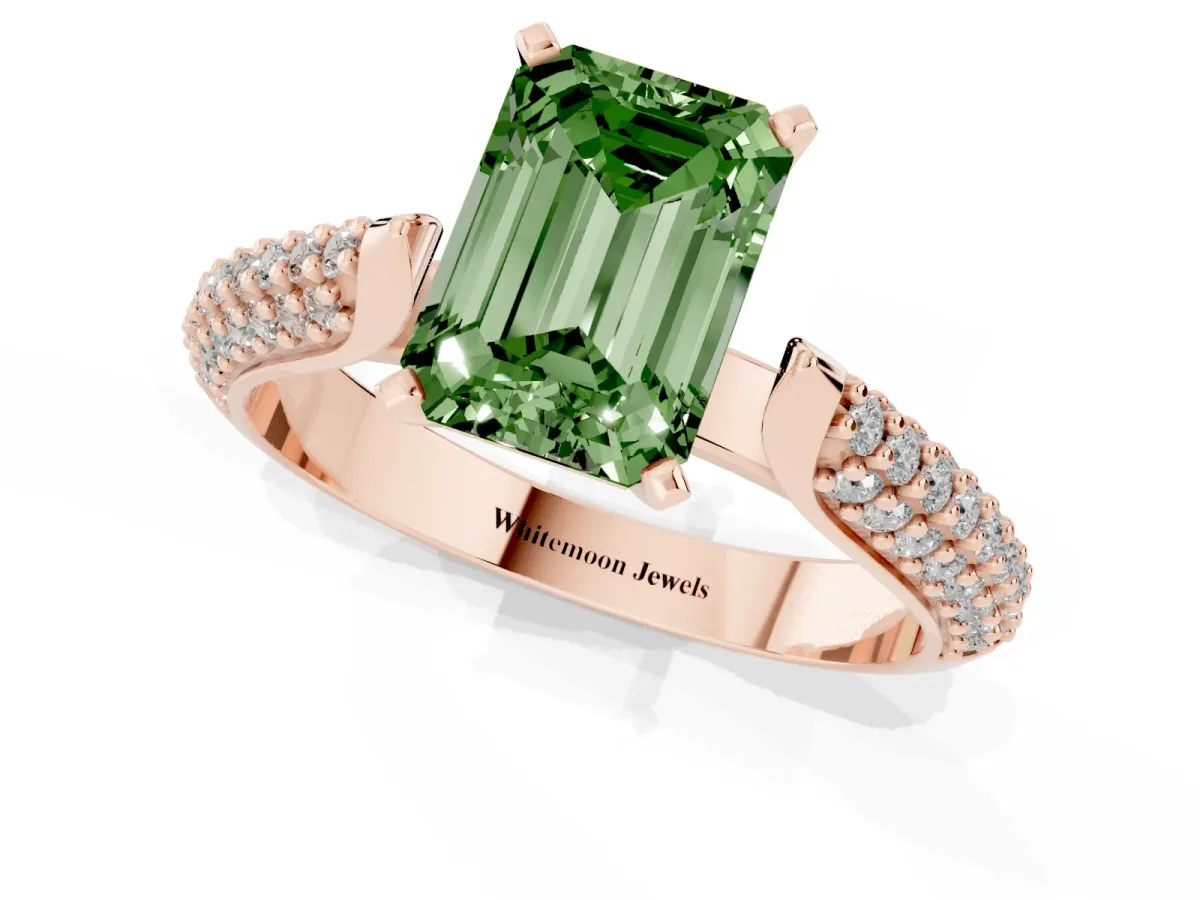 Fancy Green Emerald Cut Diamond Solitaire Engagement Ring with Multi-Row Round Pavé Band and Prong Setting Rose gold