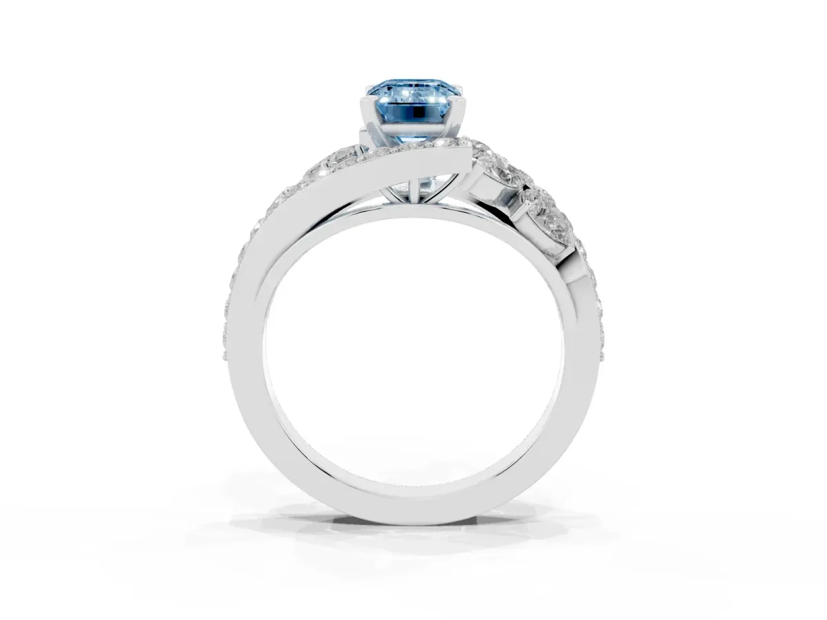 Fancy Blue Emerald Cut Diamond Halo Ring with Marquise and Pavé Band in Prong Setting White gold