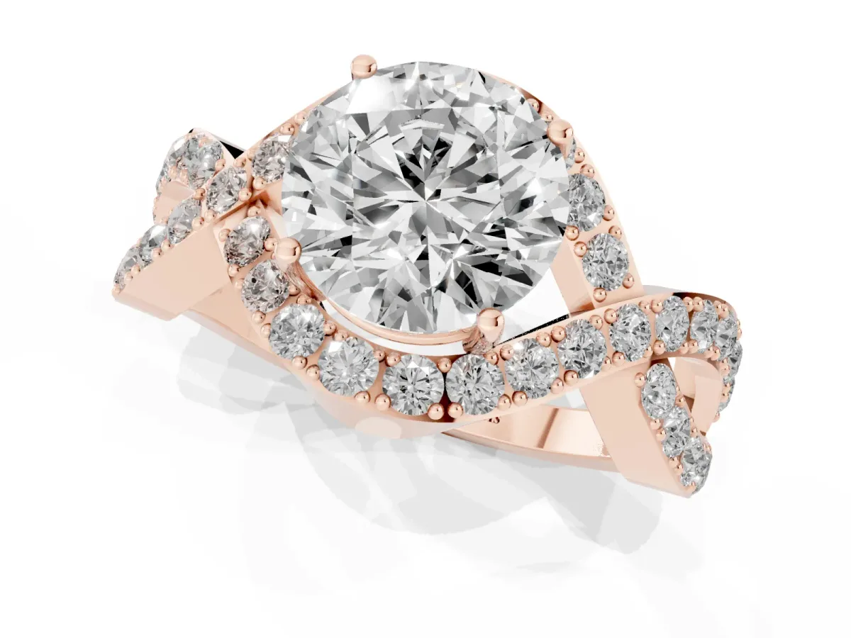 Round Cut Solitaire Twist Band Pavé Diamond Engagement Ring Rose gold