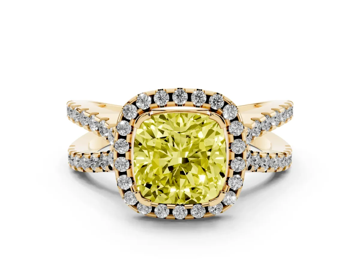 Fancy Yellow Cushion Cut Diamond Halo Ring with Split Shank Pavé Band and Prong Setting Yellow gold