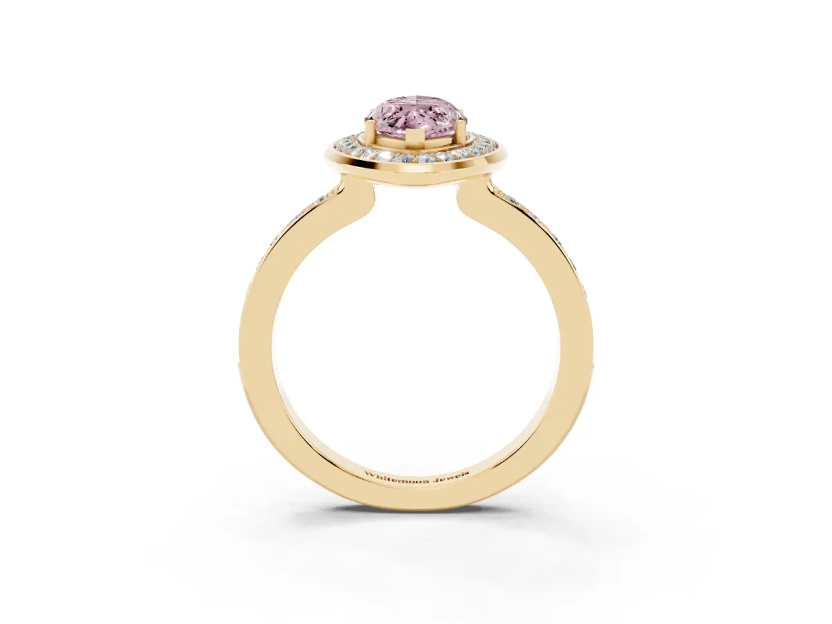 Fancy Pink Marquise Cut Diamond Halo Ring with Bezel Frame and Pavé Band Yellow gold