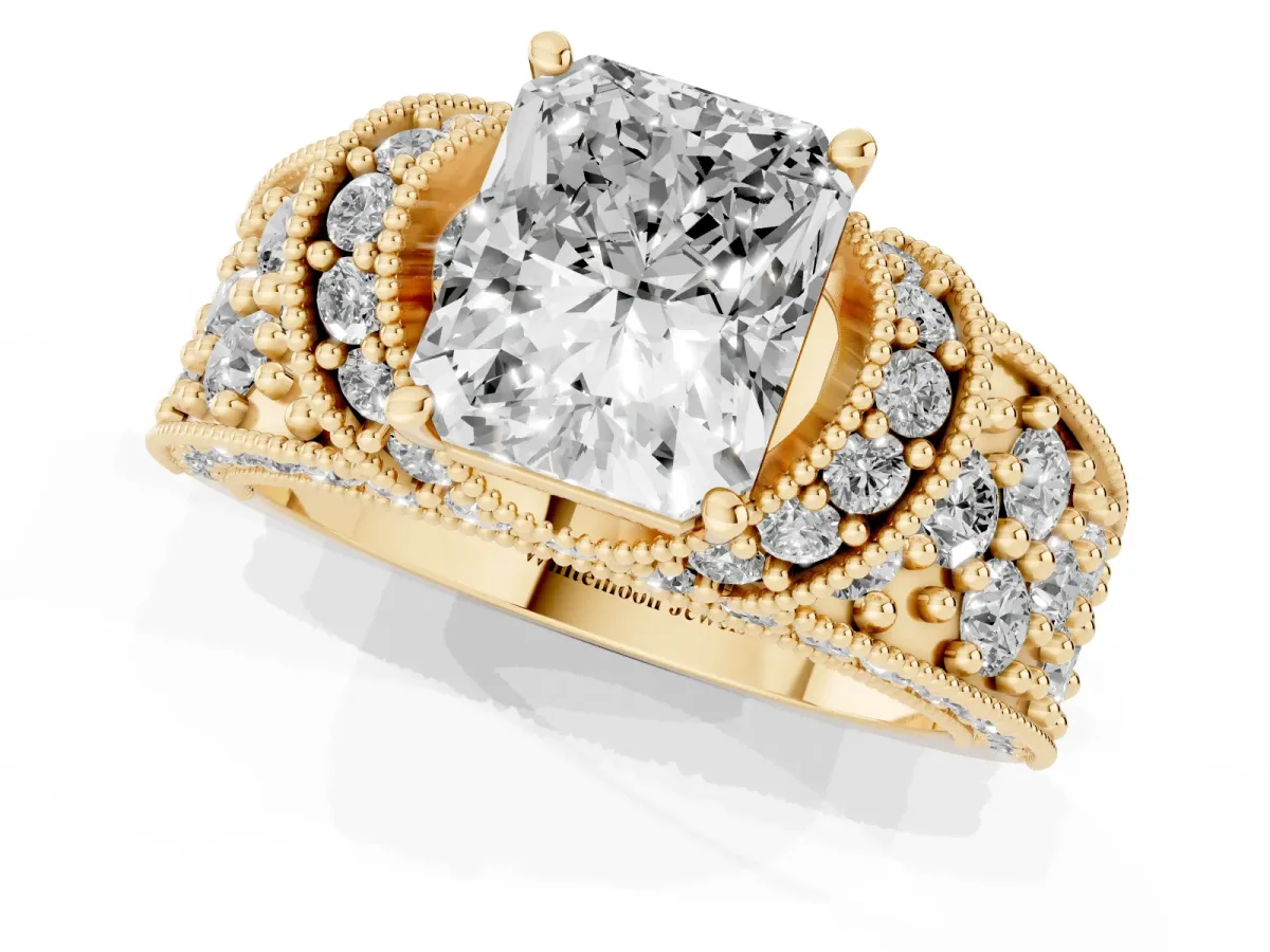 Radiant Cut Halo Pave Diamond Engagement Ring with Milgrain Detailing Yellow gold