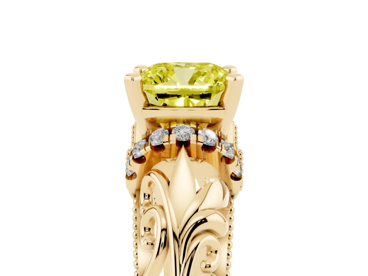 Fancy Yellow Cushion Cut Solitaire Filigree Engagement Ring with Halo and Prong Setting Yellow gold